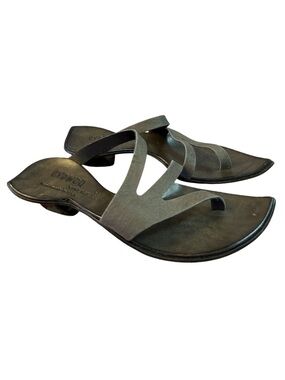 CYDWOQ Vintage Spoon Grey Leather Strappy Toe-Loop Mule Sandals Size 38.5